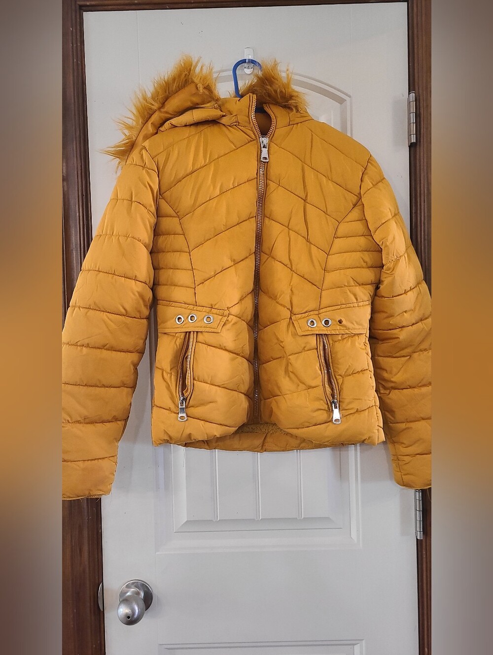 Tim Girl Puffer Jacket with Faux Fur Trim - Mustard- Girl Size 16
